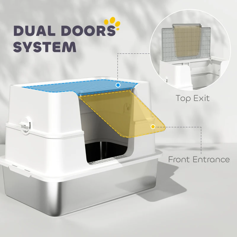 PawHut XL Stainless Steel Litter Box with Lid, Extra Large Covered Cat Litter Box for Indoor Kittens with Filp Top, Scoop