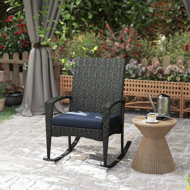 Outsunny Outdoor Rocking Chair, Patio Wicker Chair Removable Cushion, High Back and Armrests for Porch Balcony, Navy Blue