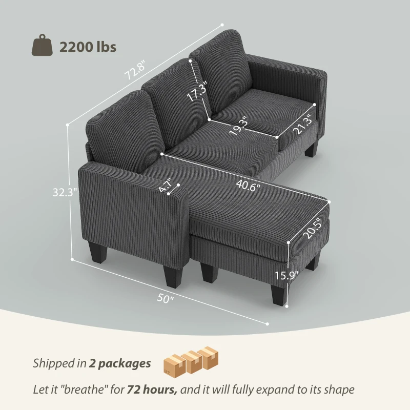 HOMCOM Sectional Sofa, L Shaped Couch, with Reversible Chaise or Ottoman, Dark Gray