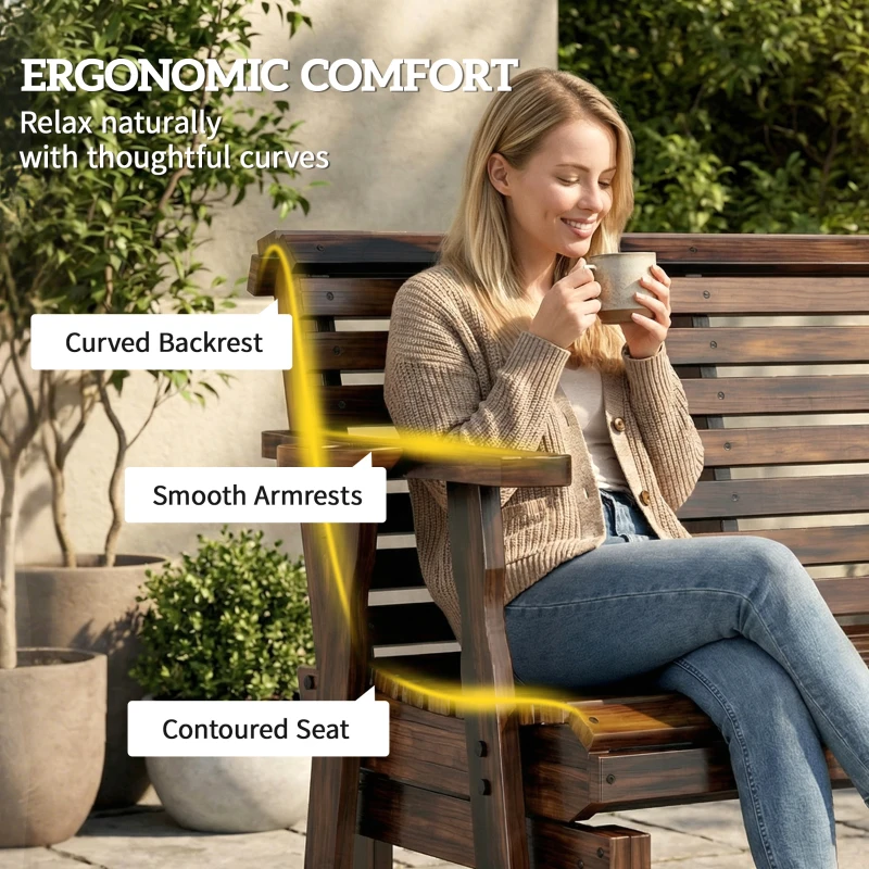 Outsunny Outdoor Glider Bench, Wooden Glider Chair with 2 Cupholders, Slatted Seat and Armrests, Patio Swing Rocking Loveseat