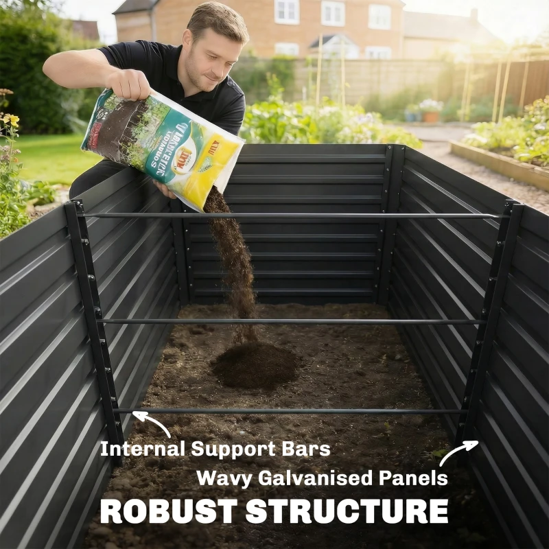 Outsunny Set of 2 Galvanised Raised Garden Bed, 6 x 3 x 2 ft Metal Garden Bed with Safe Edging, Dark Grey