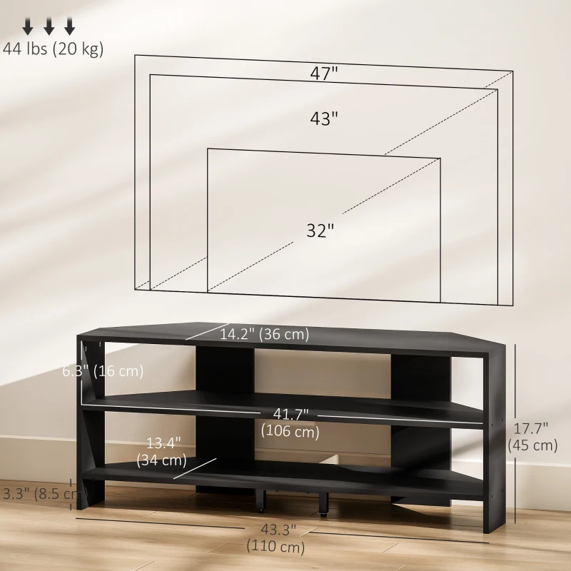 HOMCOM Corner TV Stand, Modern TV Table with 2 Open Shelves for 47 Inch TV, Entertainment Center for Living Room, Black