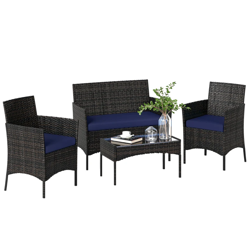 Outsunny 4 Pieces Wicker Outdoor Balcony Furniture Set Rattan Patio Furniture Set with Loveseat Chairs Glass Coffee Table Navy Blue
