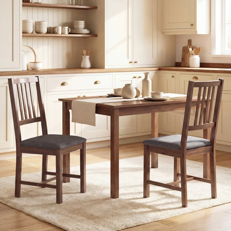 HOMCOM Set of 2 Dining Chairs, Upholstered Dining Room Chairs with Rubberwood Legs and Slat Backrest for Kitchen, Gray