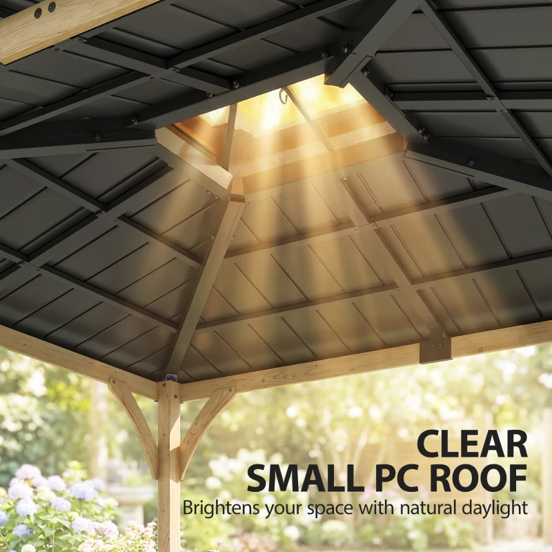 Outsunny 12' x 14' Hardtop Gazebo Canopy with Galvanized Steel Roof, Wood Frame, Double Roof Outdoor Gazebo, Light Walnut