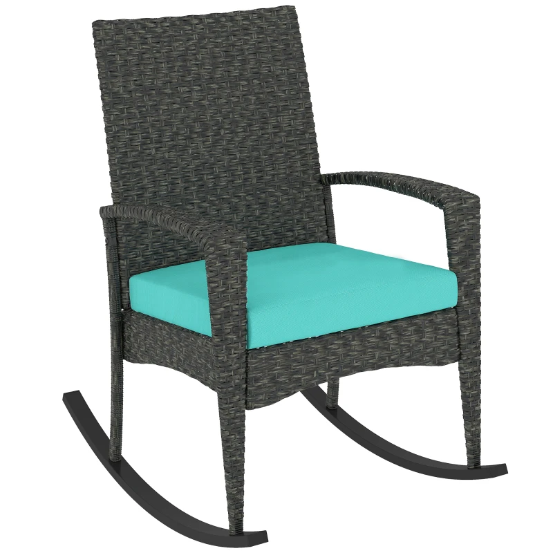 Outsunny Outdoor Rocking Chair, Patio Wicker Chair Removable Cushion, High Back and Armrests for Porch Balcony, Turquoise