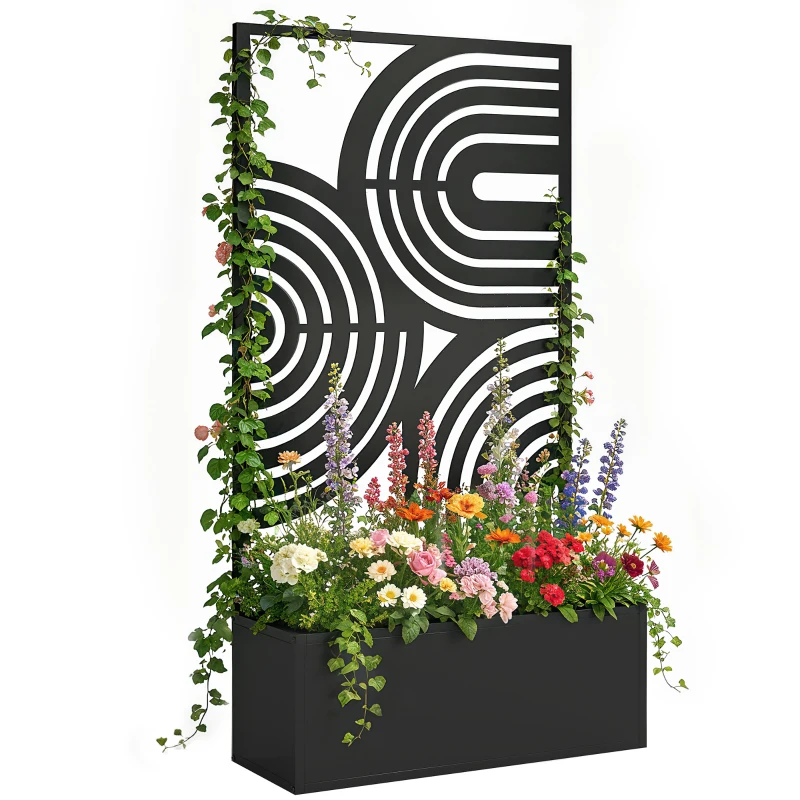Outsunny Metal Planter Box with Trellis, 44.5" Raised Garden Bed with Trellis Privacy Screen for Climbing Plants