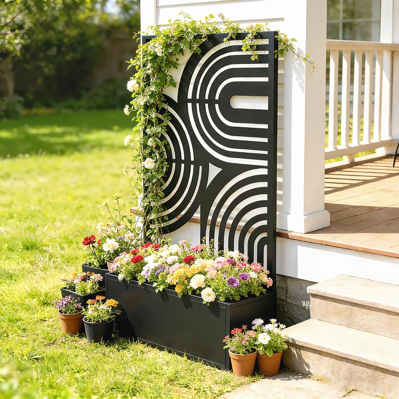 Outsunny Metal Planter Box with Trellis, 44.5" Raised Garden Bed with Trellis Privacy Screen for Climbing Plants