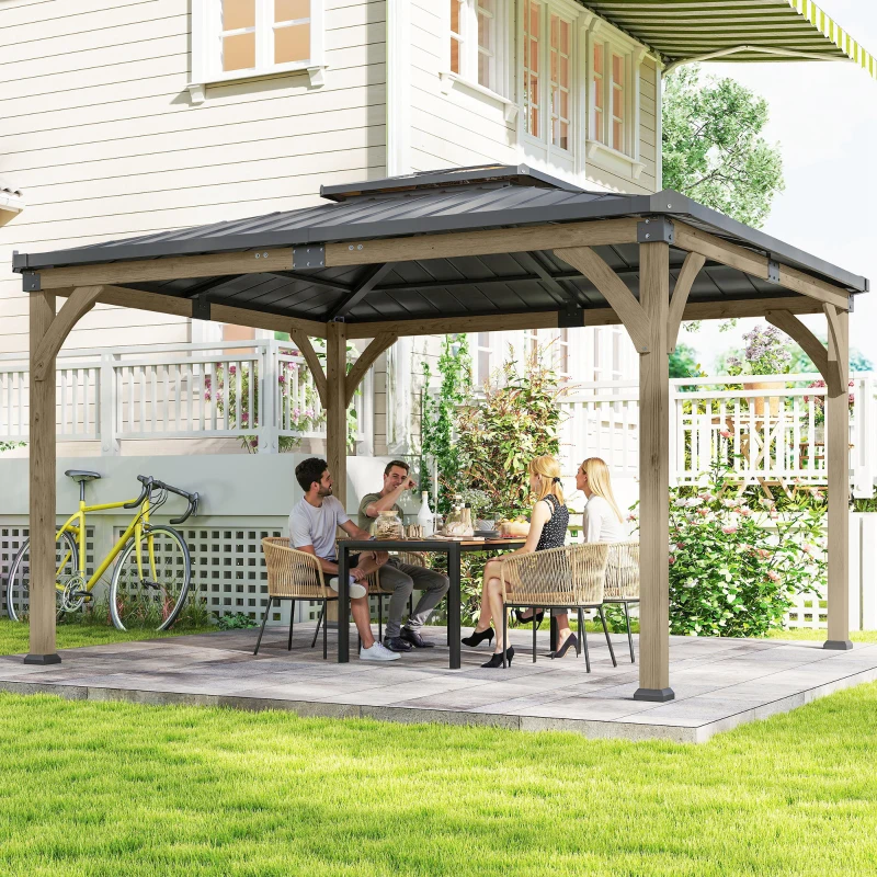 Outsunny 12' x 14' Hardtop Gazebo Canopy with Galvanized Steel Roof, Wood Frame, Double Roof Outdoor Gazebo, Light Walnut