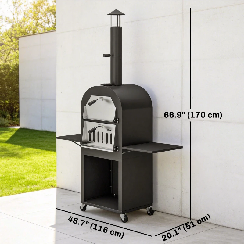 Outsunny Outdoor Wood Fired Pizza Oven with Side Shelves and Open Cabinet, Pizza Maker on Wheels with Thermometer, Stone, Peel