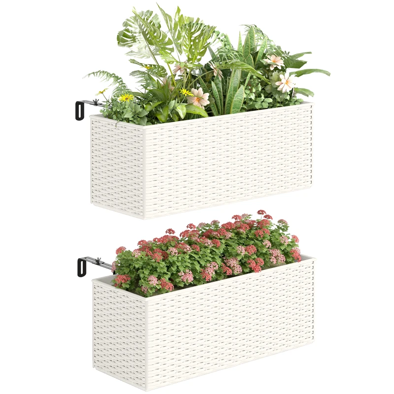 Outsunny 2 Pack 20 Inch Railing Flower Pots, Hanging Flower Pots with Hooks, Drainage Holes for Fence, Rattan Look, White