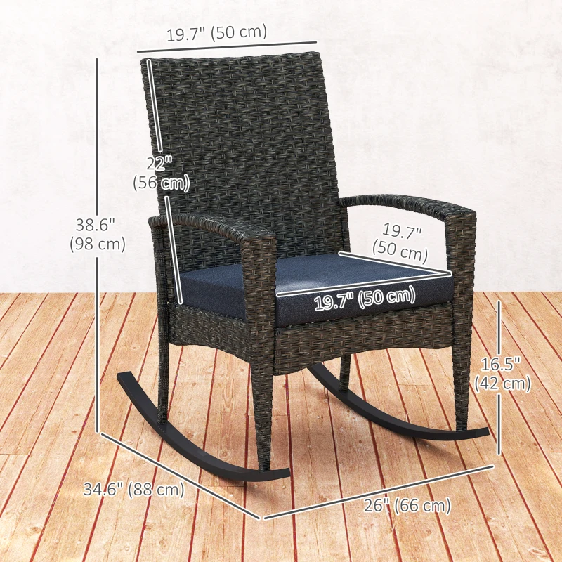 Outsunny Outdoor Rocking Chair, Patio Wicker Chair Removable Cushion, High Back and Armrests for Porch Balcony, Navy Blue