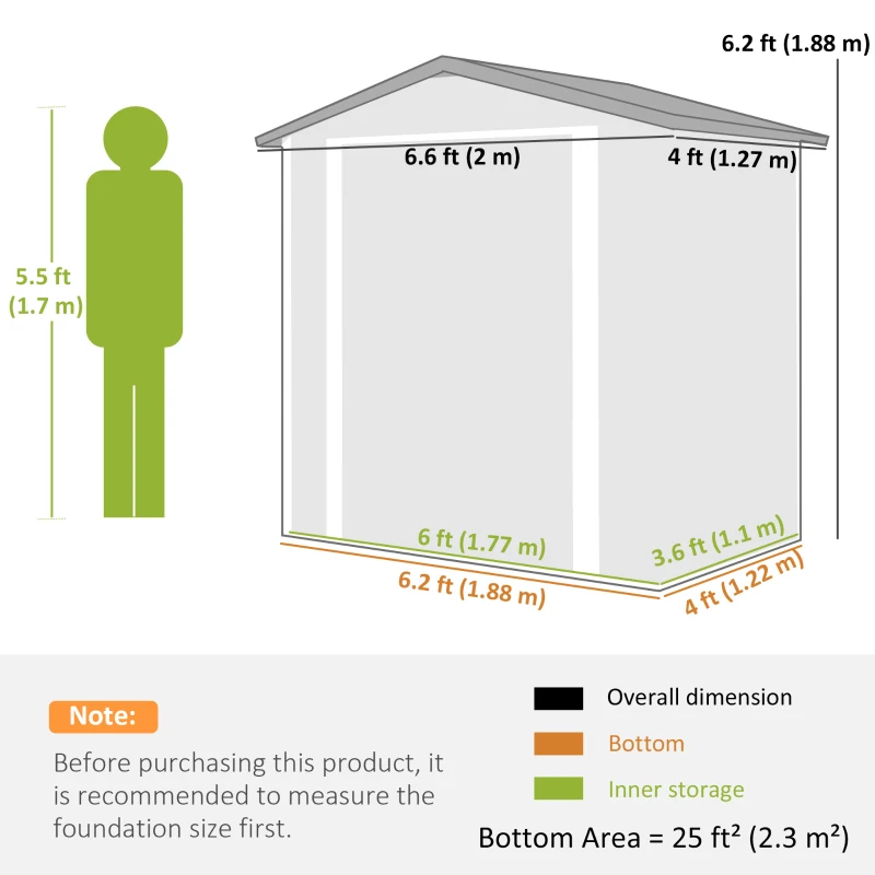 Outsunny 6.5' x 4'  Outdoor Storage Shed, Metal Garden Shed with Lockable Double Doors, 4 Vents, Silver-White