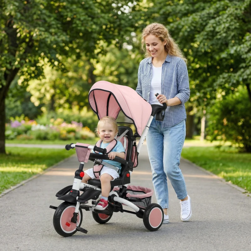 Qaba 6 in 1 Kids Tricycle with Adjustable Push Handle, Removable Canopy, Reversible Seat, for 1-5 Years, Pink