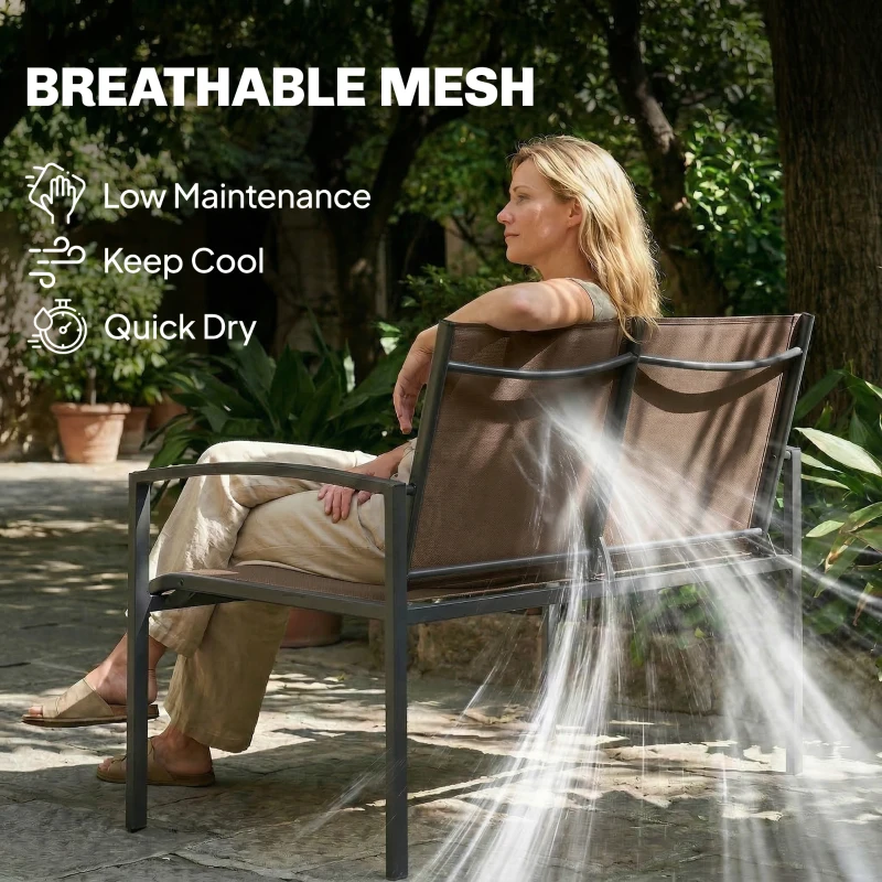 Outsunny Outdoor Garden Bench, 44 in Metal Patio Garden Park Bench with Breathable Mesh Fabric, 484 lb Load Capacity, Dark Brown