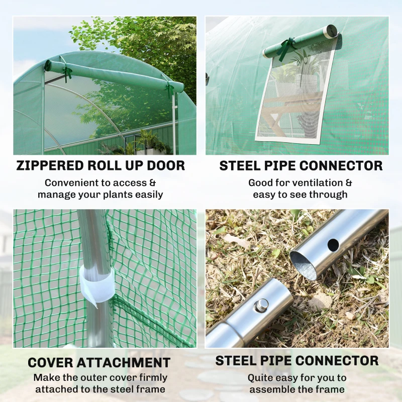 Outsunny 26' x 10' x 6.6' Walk-in Tunnel Hoop Greenhouse, PE Cover, Steel Frame, Roll-Up Zipper Door & 12 Mesh Windows for Flowers, Vegetables, Tropical Plants, Light Green