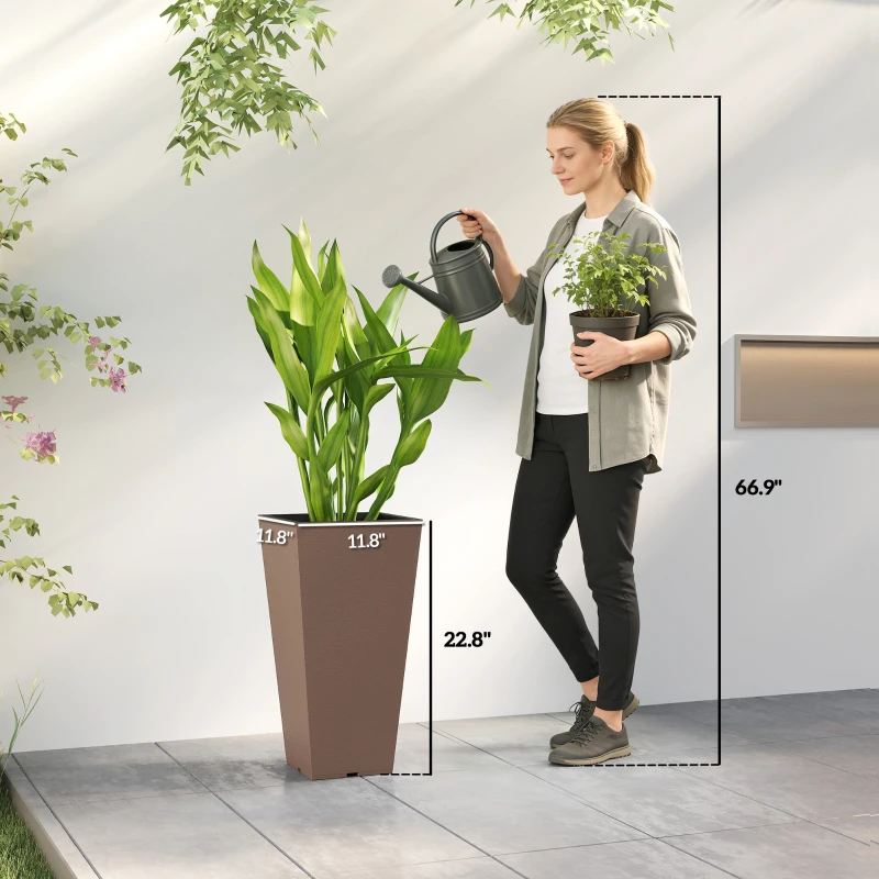 Outsunny 23 Inch Tall Planters for Outdoor Plants, Set of 2 Plastic Flower Pots, for Front Door Patio Garden Use, Brown