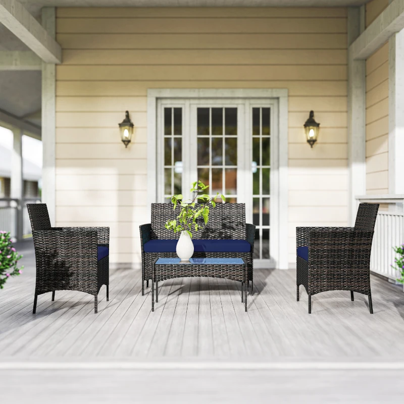 Outsunny 4 Pieces Wicker Outdoor Balcony Furniture Set Rattan Patio Furniture Set with Loveseat Chairs Glass Coffee Table Navy Blue