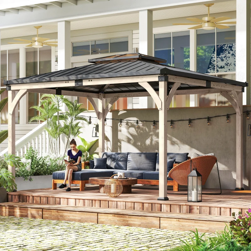 Outsunny 12' x 14' Hardtop Gazebo Canopy with Galvanized Steel Roof, Wood Frame, Double Roof Outdoor Gazebo, Light Walnut
