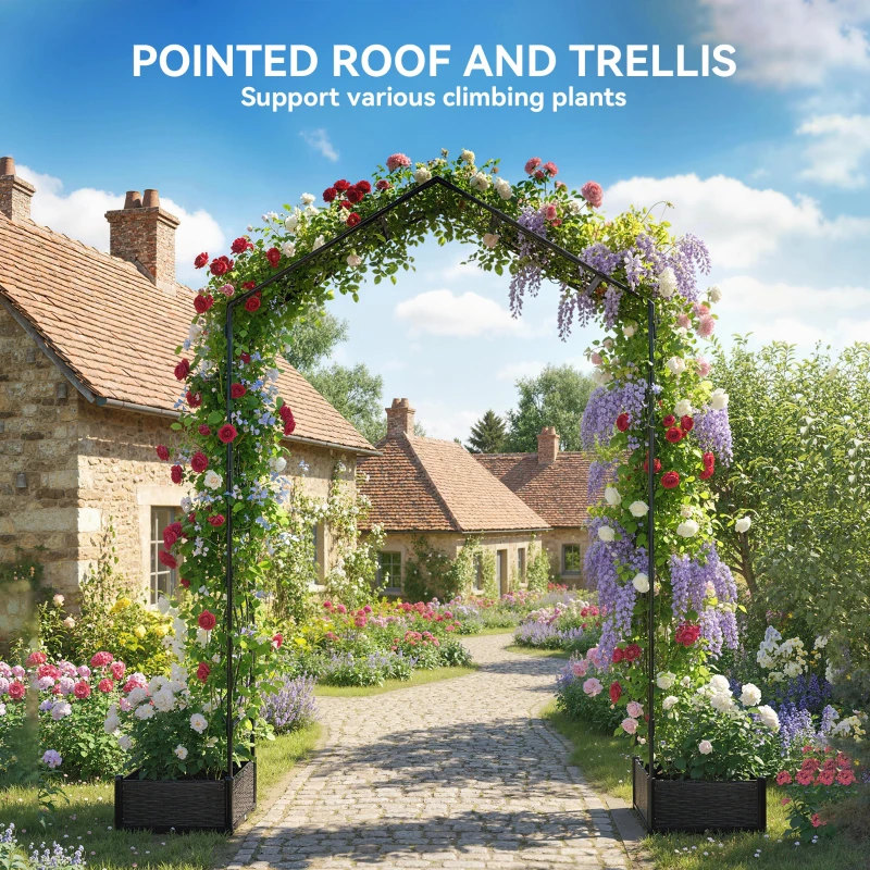 Outsunny Garden Arch Outdoor Trellis Arbor with 2 Planter Boxes, 90.6" x 15.7" x 88.2", Black