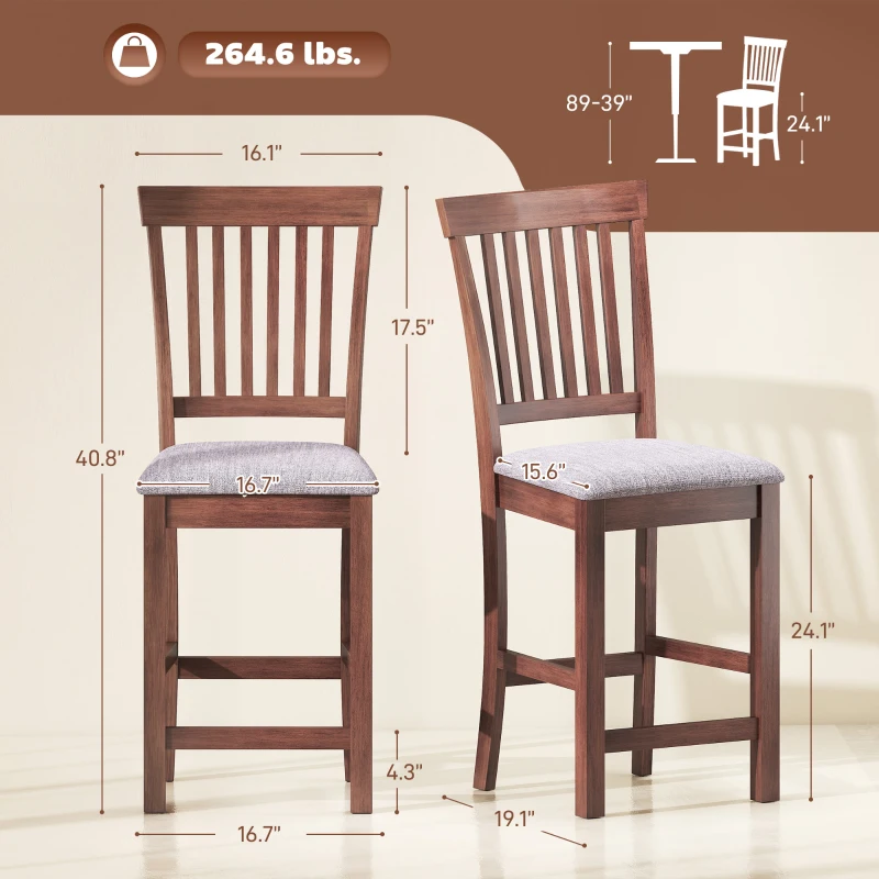 HOMCOM Counter Height Bar Stools with Padded Seat, High Back Kitchen Chairs Set of 2 for Dining Room, Gray and Dark Brown
