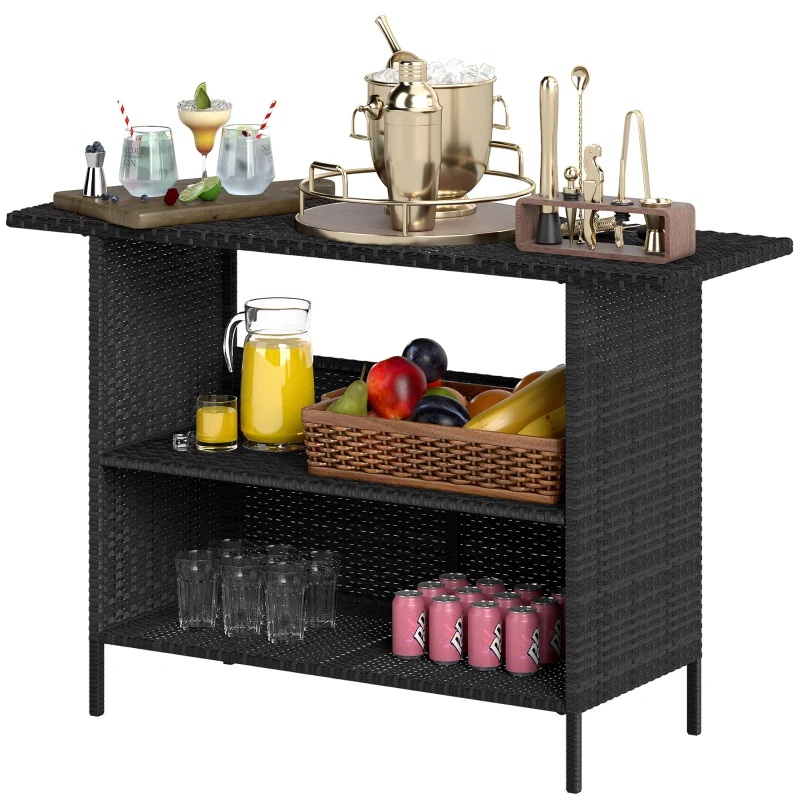 Outsunny Wicker Outdoor Bar Table, PE Rattan Bar Height Patio Table with 2 Shelves, Steel Frame for Garden, Backyard, Black