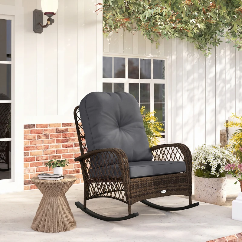 Outsunny Outdoor Wicker Rattan Rocking Chair Patio Rocker with Thick Cushions for Garden Backyard Porch, Black