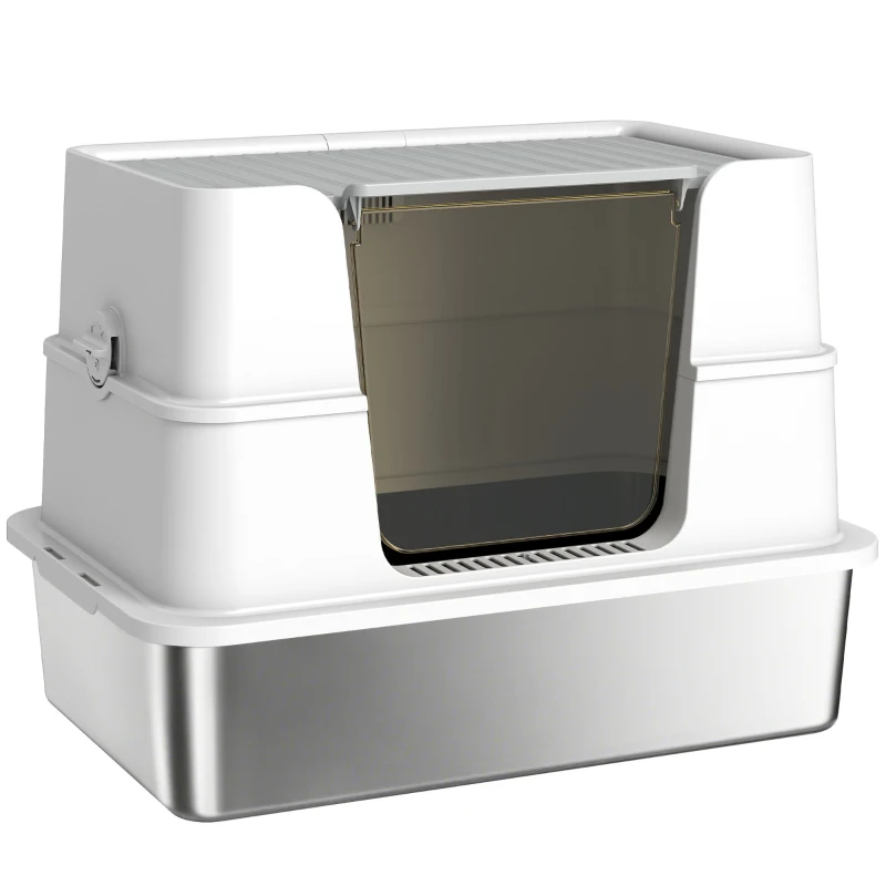 PawHut XL Stainless Steel Litter Box with Lid, Extra Large Covered Cat Litter Box for Indoor Kittens with Filp Top, Scoop