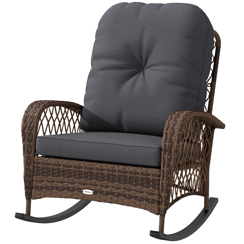 Outsunny Outdoor Wicker Rattan Rocking Chair Patio Rocker with Thick Cushions for Garden Backyard Porch, Black