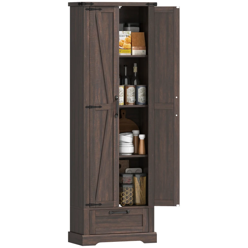 HOMCOM 71" Pantry Cabinet, Kitchen Storage Cabinet with Adjustable Shelves, Barn Doors and Drawer for Dining Room, Brown