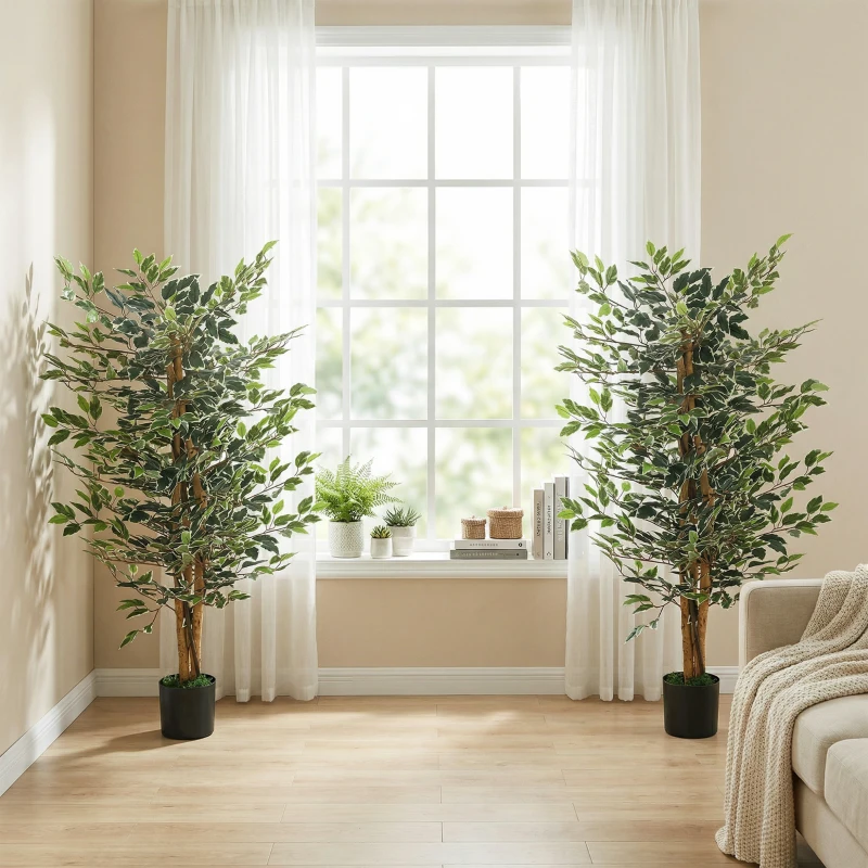 HOMCOM Artificial Tree, Fake Ficus Tree with Leaves, Faux Plant in Nursery Pot for Indoor Decoration