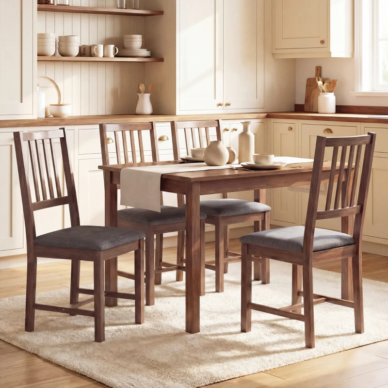 HOMCOM Set of 4 Dining Chairs, Upholstered Dining Room Chairs with Rubberwood Legs and Slat Backrest for Kitchen, Gray