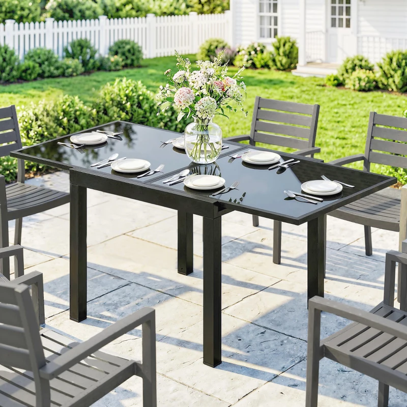 Outsunny Aluminum Expandable Outdoor Dining Table with Tempered Glass Tabletop and Aluminum Frame, for Garden, Backyard, Black