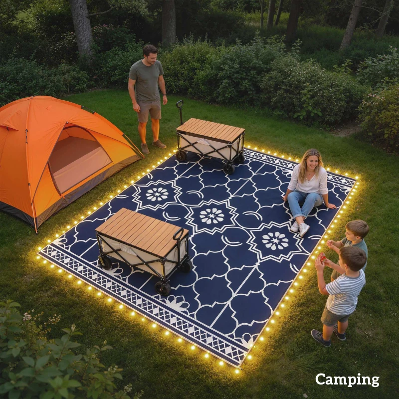 Outsunny Reversible Outdoor Rug Carpet with LED Lights, 12' x 9' PP Straw Rug with Carry Bag and Ground Stakes