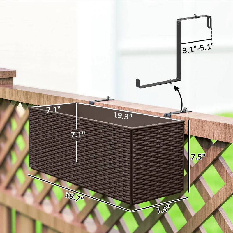 Outsunny 2 Pack 20 Inch Railing Flower Pots, Hanging Flower Pots with Hooks, Drainage Holes for Fence, Rattan Look, Brown