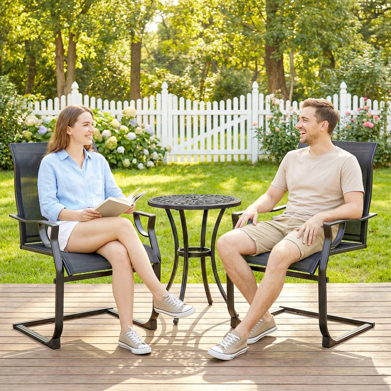 Outsunny C Spring Motion Patio Chairs Set of 2 with Curved High Backrest, Armrest, All Weather Breathable Fabric, Metal Frame