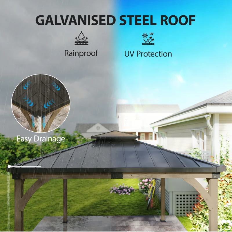 Outsunny 12' x 14' Hardtop Gazebo Canopy with Galvanized Steel Roof, Wood Frame, Double Roof Outdoor Gazebo, Light Walnut