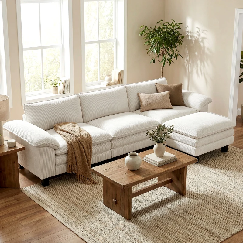 HOMCOM Sectional Sofa, L Shaped Couch with Deep Seat, Movable Ottoman and Pillow-top Armrests, Beige