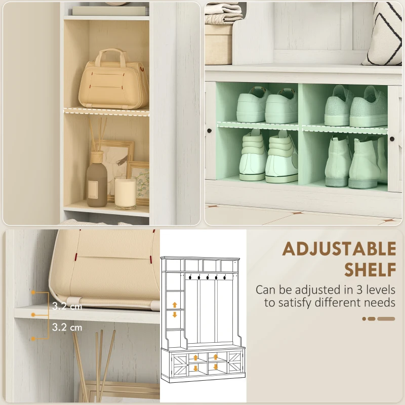 HOMCOM Hall Tree with Bench and Shoe Storage, Entryway Bench with Coat Rack, 12 Shelves, 2 Cabinets, 5 Hooks, White Wood Grain