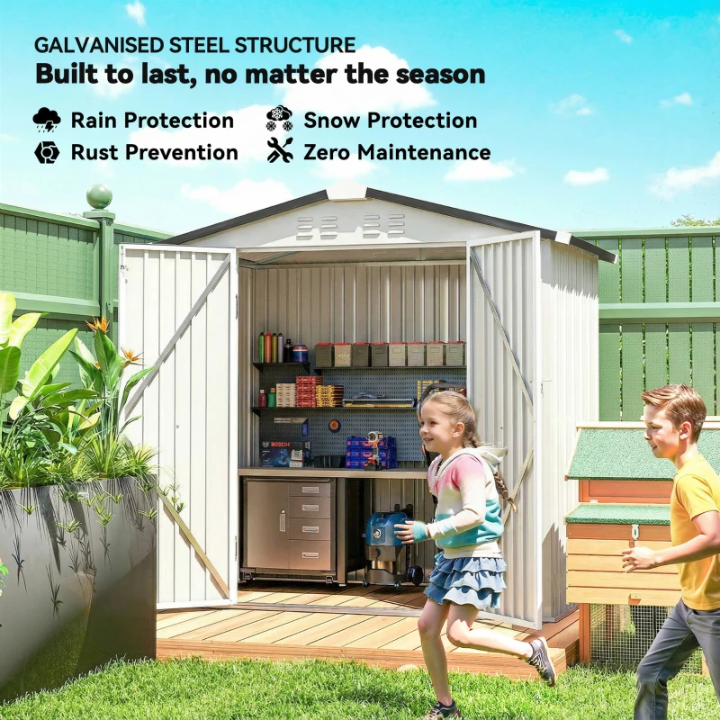 Outsunny 6.5' x 4'  Outdoor Storage Shed, Metal Garden Shed with Lockable Double Doors, 4 Vents, Silver-White