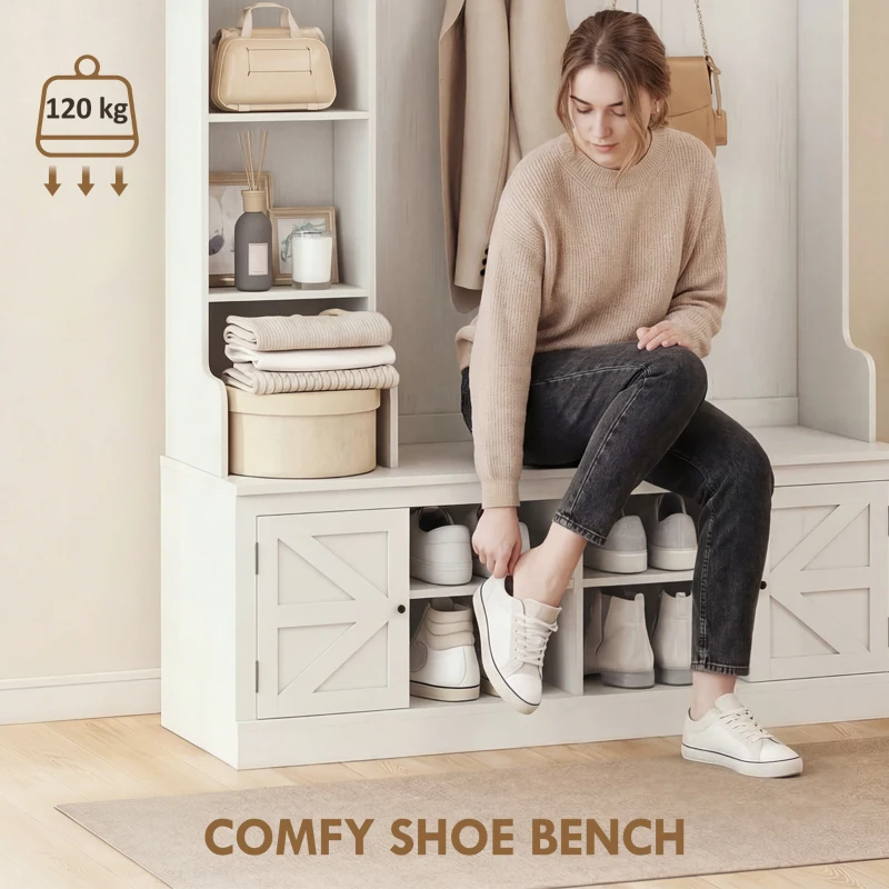 HOMCOM Hall Tree with Bench and Shoe Storage, Entryway Bench with Coat Rack, 12 Shelves, 2 Cabinets, 5 Hooks, White Wood Grain