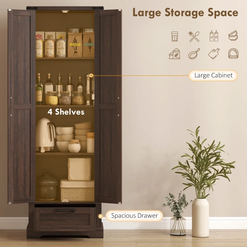 HOMCOM 71" Pantry Cabinet, Kitchen Storage Cabinet with Adjustable Shelves, Barn Doors and Drawer for Dining Room, Brown