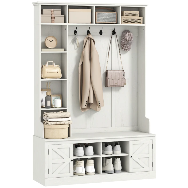 HOMCOM Hall Tree with Bench and Shoe Storage, Entryway Bench with Coat Rack, 12 Shelves, 2 Cabinets, 5 Hooks, White Wood Grain