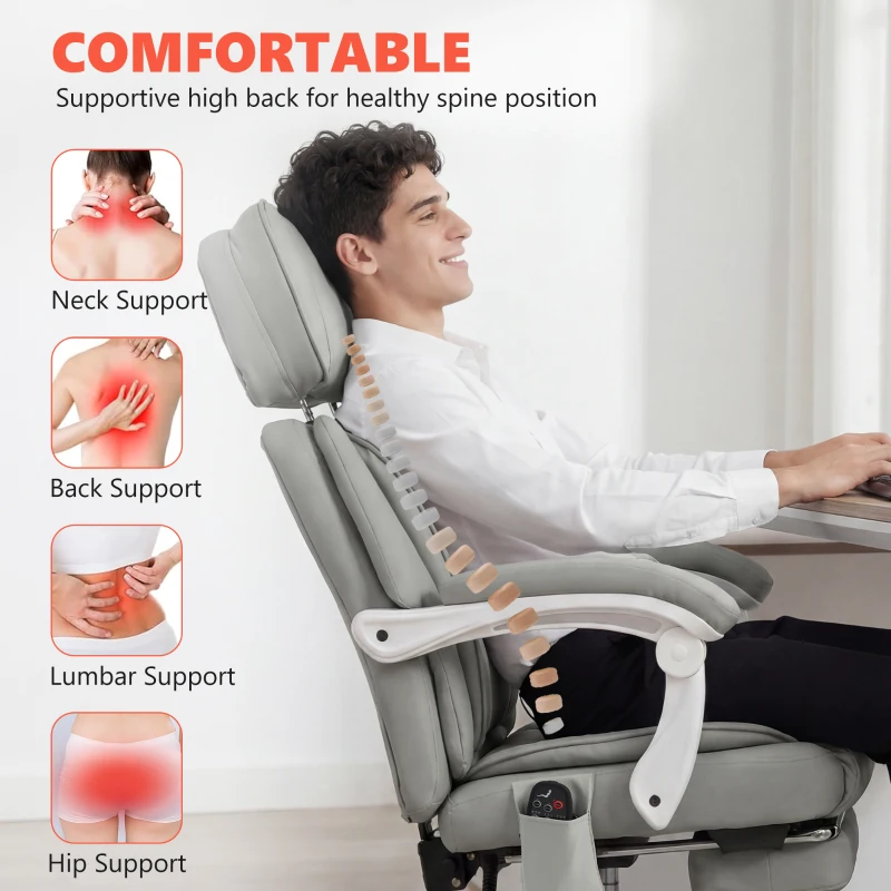 HOMCOM High Back Vibration Massage Office Chair Heated Reclining Computer Chair w/ Footrest, Swivel Wheels, Remote, Light Gray