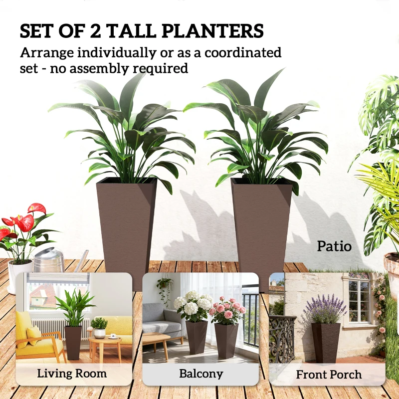 Outsunny 23 Inch Tall Planters for Outdoor Plants, Set of 2 Plastic Flower Pots, for Front Door Patio Garden Use, Brown