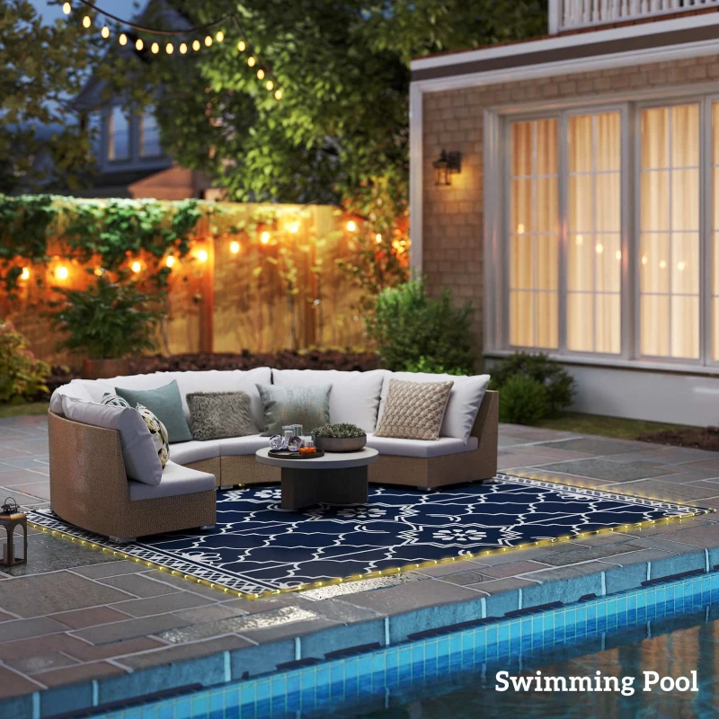 Outsunny Reversible Outdoor Rug Carpet with LED Lights, 12' x 9' PP Straw Rug with Carry Bag and Ground Stakes