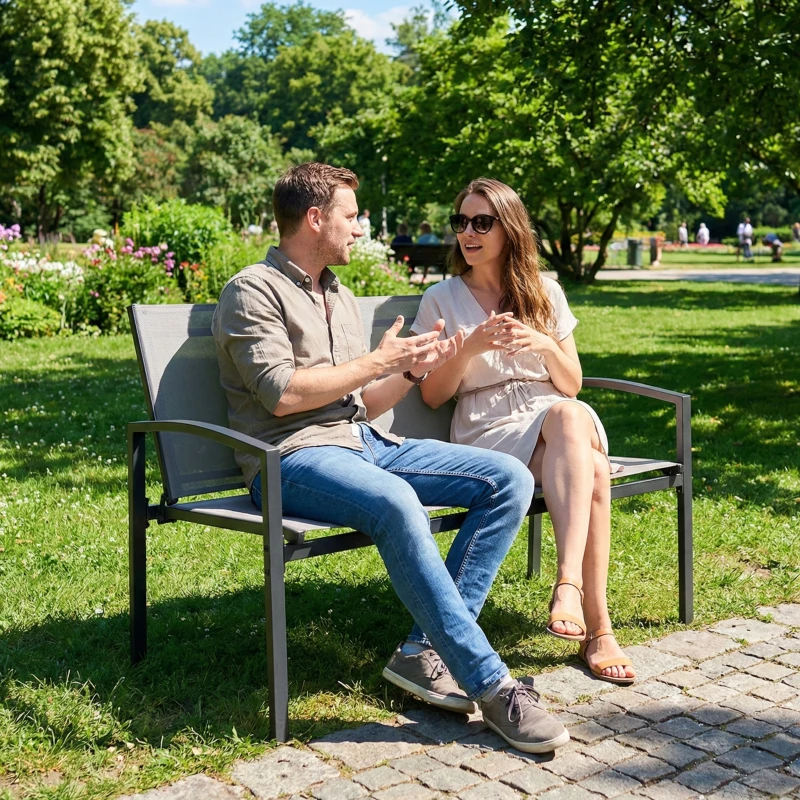 Outsunny Outdoor Garden Bench, 44 in Metal Patio Garden Park Bench with Breathable Mesh Fabric, 484 lb Load Capacity, Grey