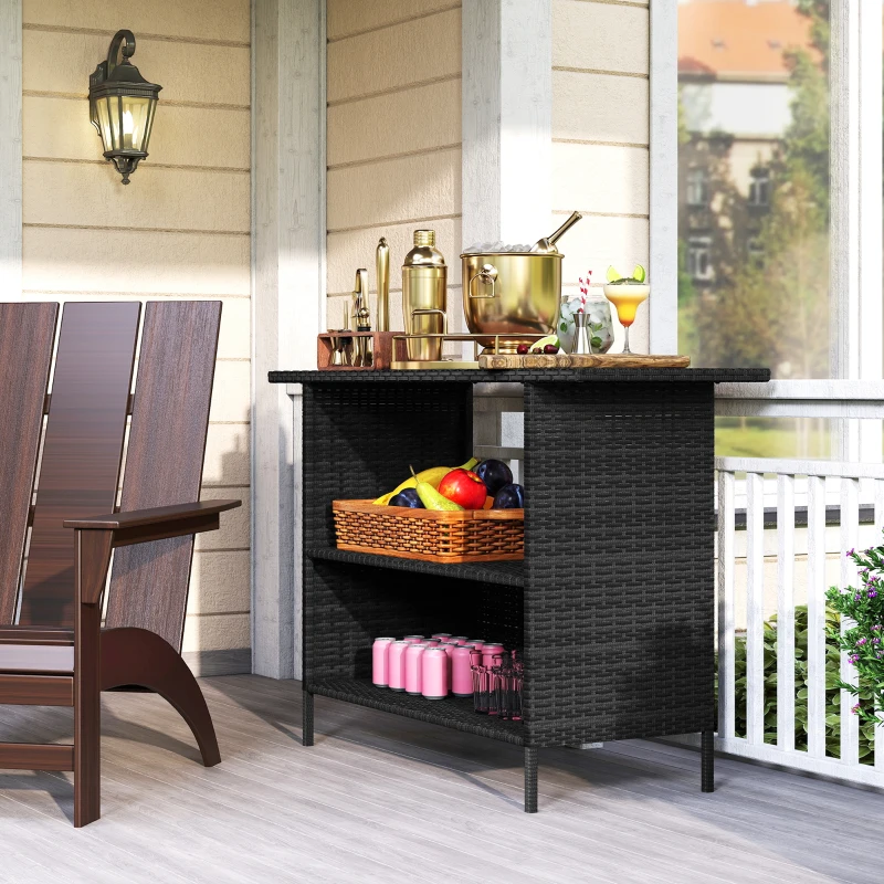 Outsunny Wicker Outdoor Bar Table, PE Rattan Bar Height Patio Table with 2 Shelves, Steel Frame for Garden, Backyard, Black