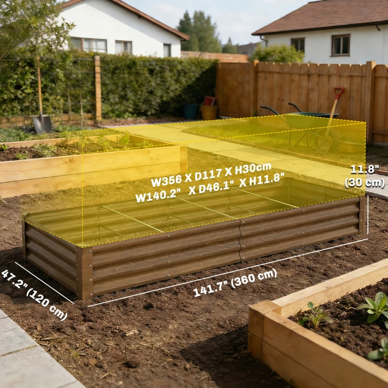 Outsunny 12 x 4 x 1ft Galvanized Raised Garden Bed, Reinforced Outdoor Planter Box with Open Bottom, Distressed Brown