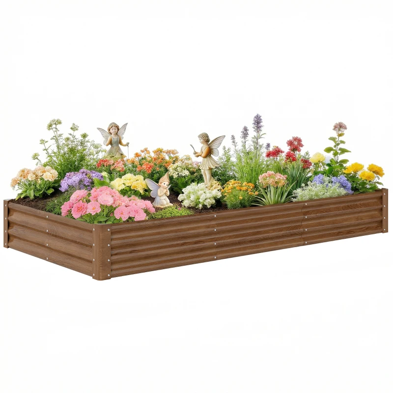 Outsunny 8 x 4 x 1ft Galvanized Raised Garden Bed, Reinforced Outdoor Planter Box with Open Bottom, Distressed Brown